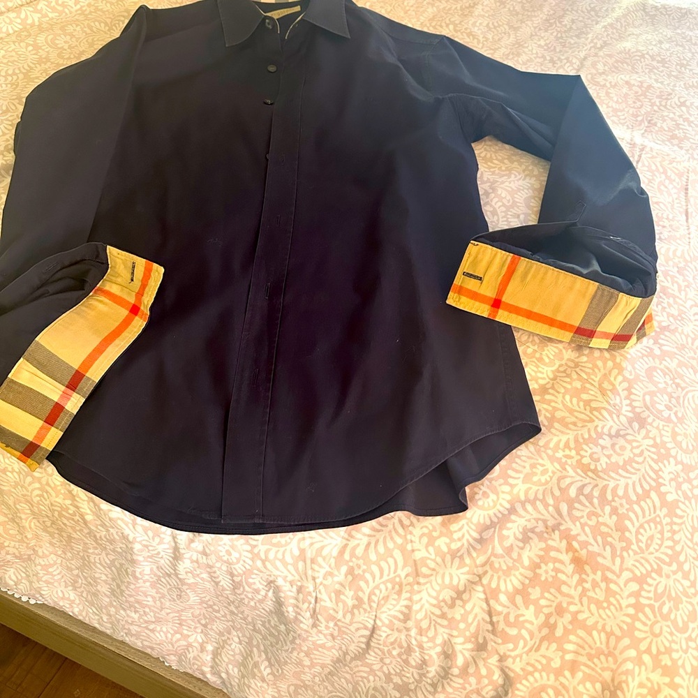 Burberry Dark Blue Shirt with Plaid Accents